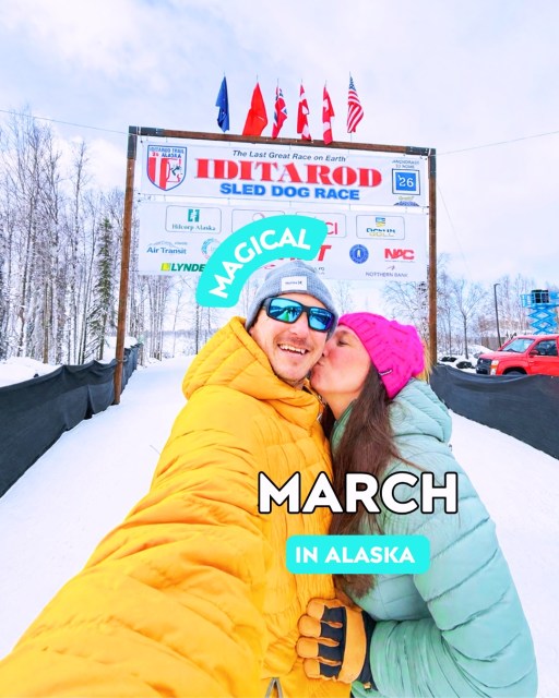 MAGICAL MARCH IN ALASKA ✨❄️☀️  
 
Is March the best time to visit Alaska? Honestly, it might be our favorite month for adventure travel up here. It’s the ultimate sweet spot for a winter bucket list trip—the snow is deep for winter sports, but the sun has finally made its grand return. 
 
After the dark winter months, we’re soaking up 13 hours of daylight, and the energy in the Alaska interior and coastal towns is unmatched. 
 
If you’re planning an Alaska winter vacation, March is when the magic happens: 
    •    Fur Rendezvous (@furrondy ): Downtown Anchorage turns into one giant celebration. 
 
    •    The Iditarod Trail Sled Dog Race: Watching teams begin their 1,000-mile journey to Nome is a true bucket list moment. 
 
    •    Shoulder Season Perks: Spring tours start opening, but you still get that “True North” winter experience with extra light and a major buzz. 
 
Here’s a look at what we got up to👇 
 
    •    ❄️ Pic 2: After work snowshoeing at Hatcher Pass (our favorite backyard playground). 
    •    🎨 Pic 3: Busting a move at the World Ice Art in Fairbanks—pure artistry! 
    •    🐾 Pic 4: Bucket list unlocked! First time (but definitely not the last) dog sledding with Last Frontier Mushing Co-op. (@themushingcoop)
    •    🦌 Pic 5: Running from and with reindeer  
    •    🏁 Pic 6: Kicking off the Iditarod in Willow—GO DOGGIES GO! 
    •    🌊 Pics 7–9: A wild Resurrection Bay cruise in Seward—sleepy sea lions, otters in the snow, and full-on boat blizzards. (@majormarinetours 
    •    🤯 Pic 10: The most “in Alaska” thing we saw all month… you’ll just have to watch it  
 
March, you really showed off 💙 
 
#AlaskaTravel #VisitAlaska #WinterBucketList #ExploreAlaska #Iditarod